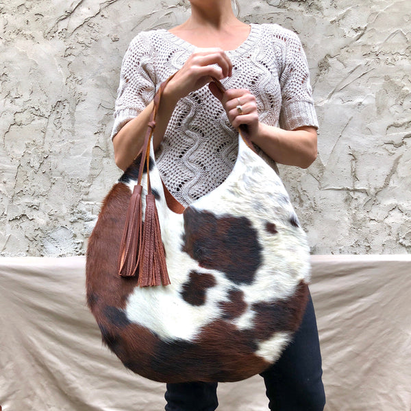 Cowhide leather round hobo bag, Unique cow hair leather bag