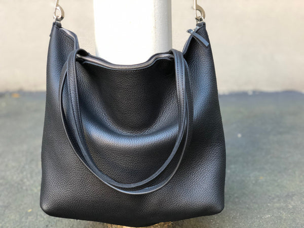 Large black leather crossbody bag, Oversized work and travel leather tote