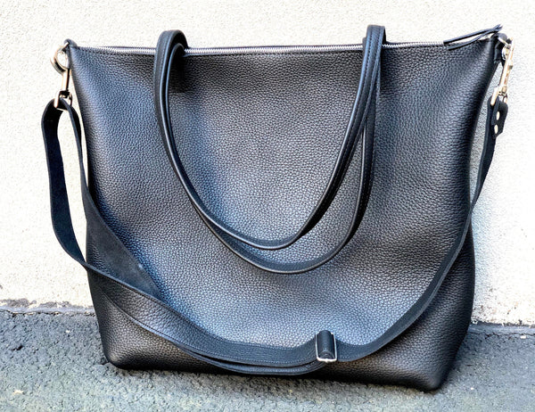 Large black leather crossbody bag, Oversized work and travel leather tote