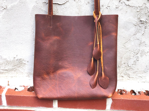 Small Brown Leather Tote, Work and travel leather bag with tassels