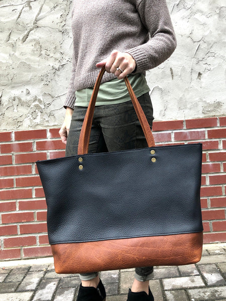 Large black and brown leather bag, Oversized work and travel computer bag