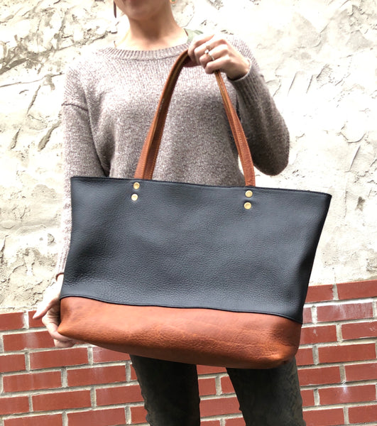 Large black and brown leather bag, Oversized work and travel computer bag