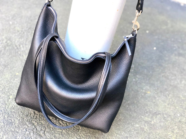 Large black leather crossbody bag, Oversized work and travel leather tote