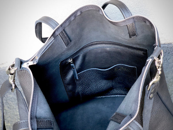 Large black leather crossbody bag, Oversized work and travel leather tote
