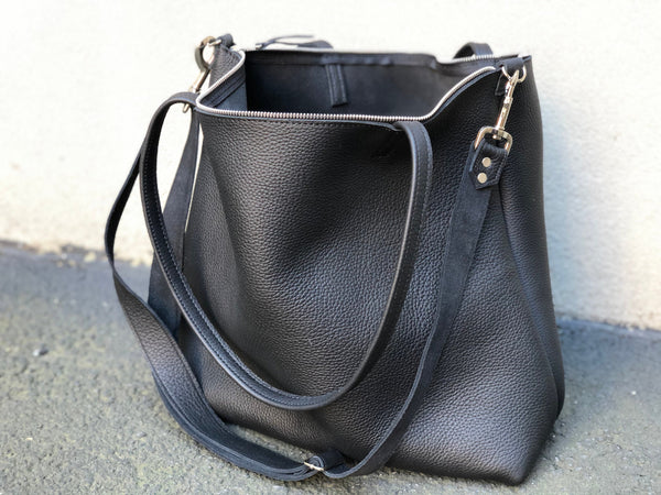Large black leather crossbody bag, Oversized work and travel leather tote