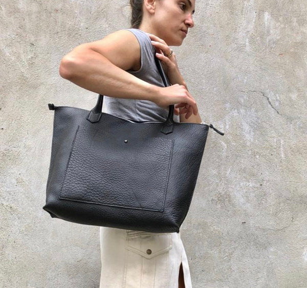 Large Black Leather Tote with front pocket , Work and travel leather bag