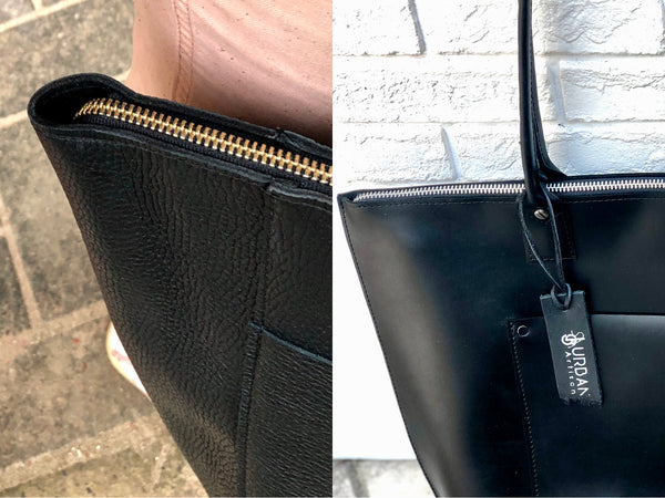 Large black leather tote bag, Front pocket work and travel computer bag