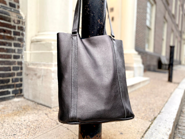 Large black leather tote bag, Tall work and travel computer bag
