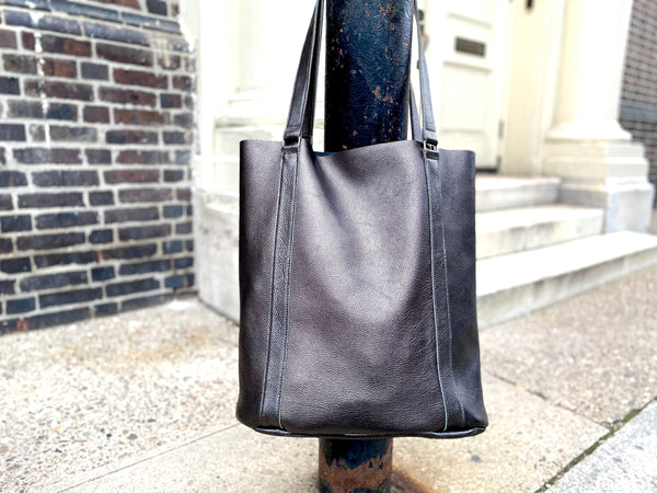 Large black leather tote bag, Tall work and travel computer bag