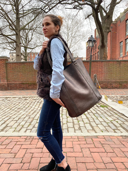 Large black leather tote bag, Tall work and travel computer bag