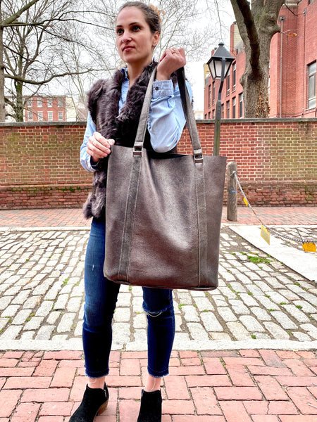 Large black leather tote bag, Tall work and travel computer bag