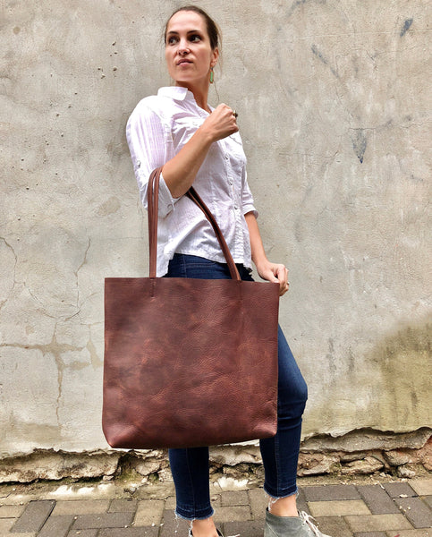Large Brown Leather Tote Bag, Oversized Leather Shopper bag with zipper