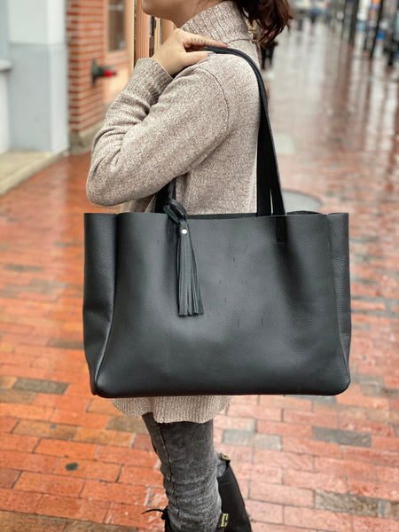 Large black leather tote bag with tassel, Oversized work and travel computer bag