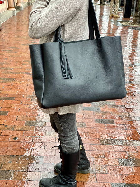 Large black leather tote bag with tassel, Oversized work and travel computer bag