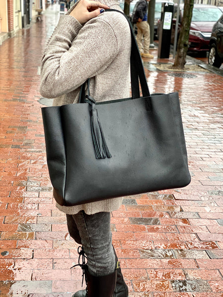 Large black leather tote bag with tassel, Oversized work and travel computer bag