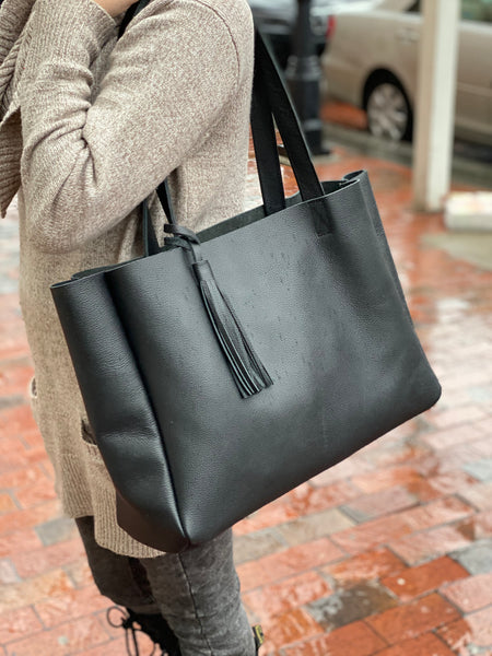 Large black leather tote bag with tassel, Oversized work and travel computer bag