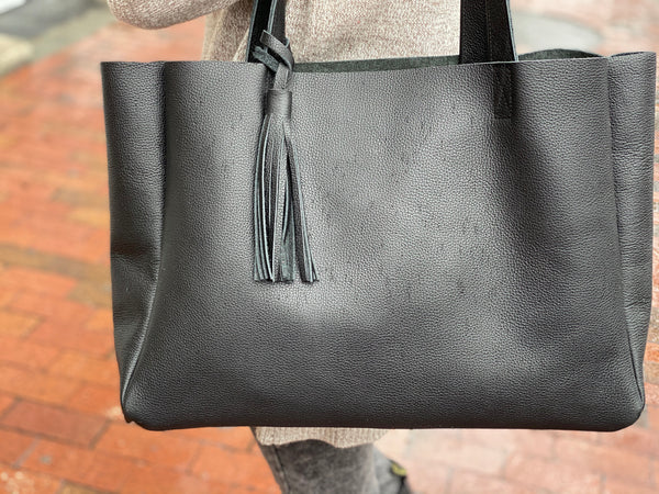 Large black leather tote bag with tassel, Oversized work and travel computer bag