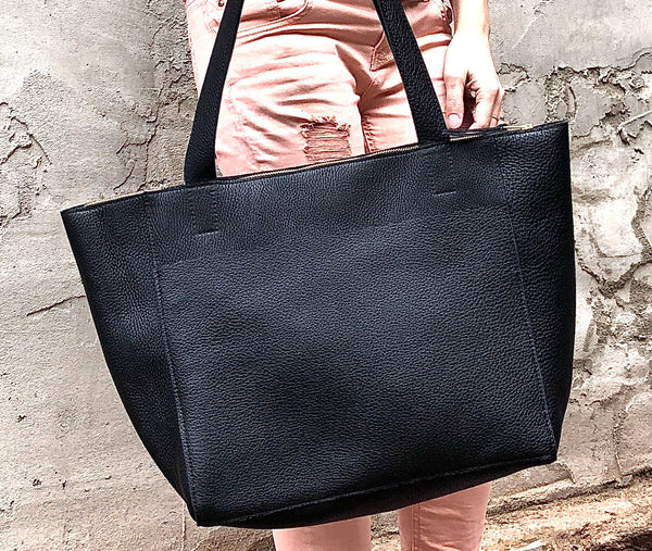 Large black leather tote bag, Front pocket work and travel computer bag