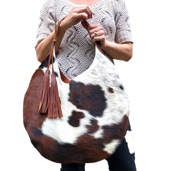 Cowhide leather round hobo bag, Unique cow hair leather bag