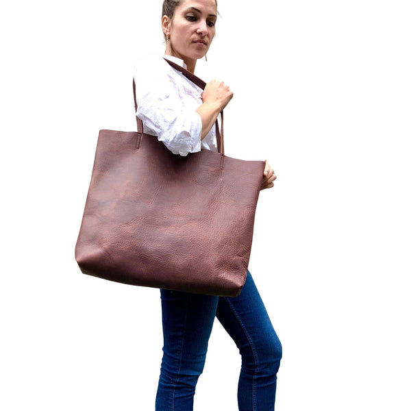 Large Brown Leather Tote Bag, Oversized Leather Shopper bag with zipper