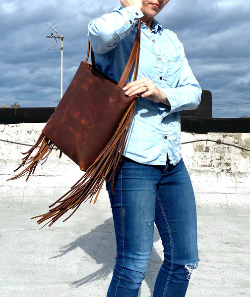 Small Brown Leather Tote with fringe , 11”W x 12” H Work and travel leather bag