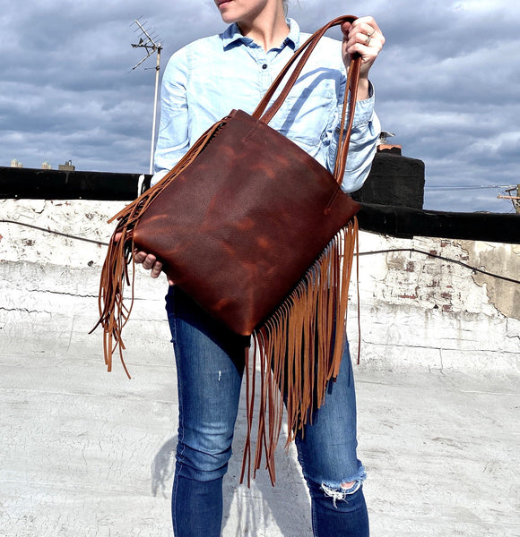 Small Brown Leather Tote with fringe , 11”W x 12” H Work and travel leather bag