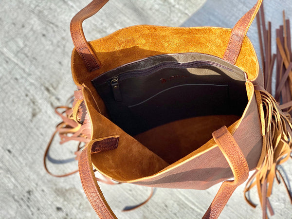 Small Brown Leather Tote with fringe , 11”W x 12” H Work and travel leather bag