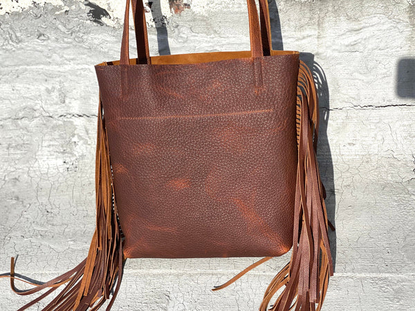 Small Brown Leather Tote with fringe , 11”W x 12” H Work and travel leather bag