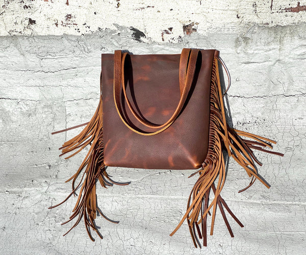 Small Brown Leather Tote with fringe , 11”W x 12” H Work and travel leather bag