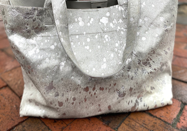 Extra large silver metallic cowhide leather bag 23”x 13”, Oversized work and travel computer bag
