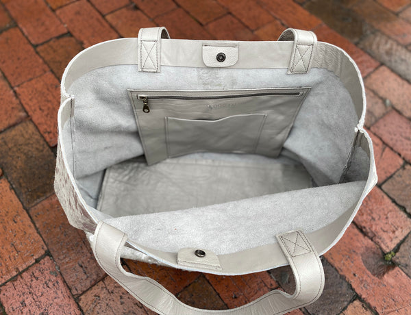 Extra large silver metallic cowhide leather bag 23”x 13”, Oversized work and travel computer bag
