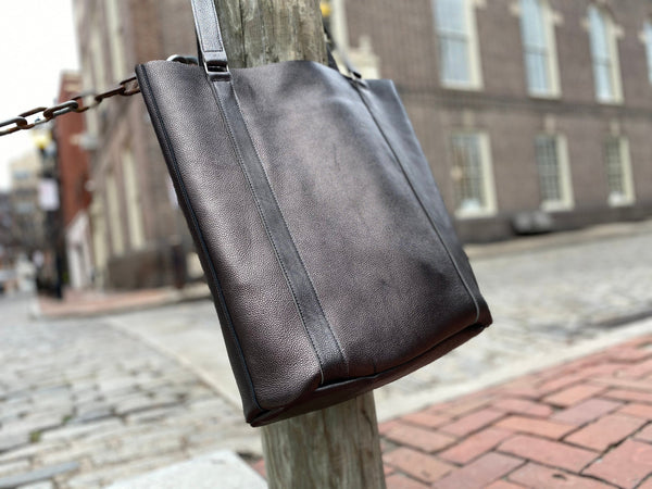 Large black leather tote bag, Tall work and travel computer bag