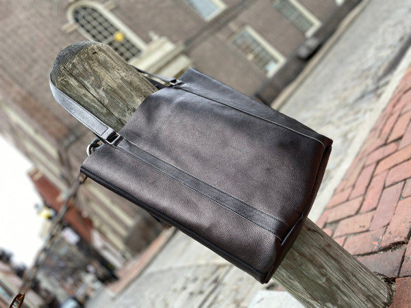 Large black leather tote bag, Tall work and travel computer bag