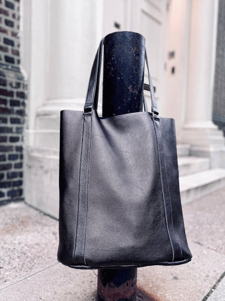 Large black leather tote bag, Tall work and travel computer bag