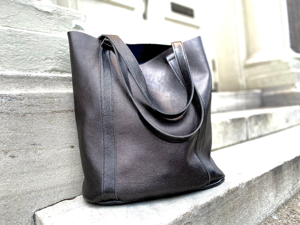 Large black leather tote bag, Tall work and travel computer bag