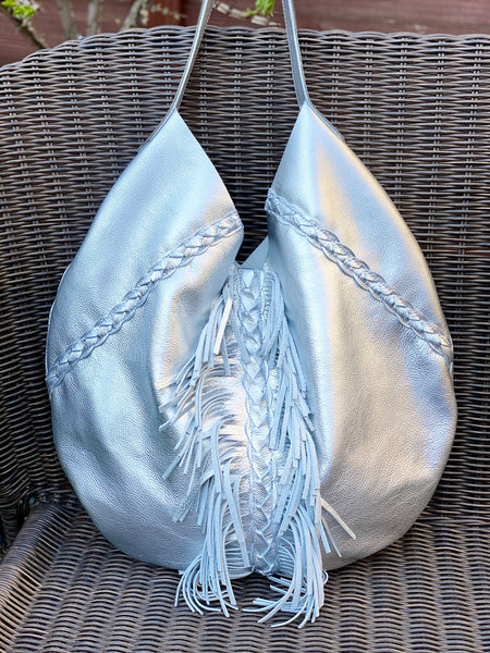 Silver metallic leather round hobo bag, Unique boho bag