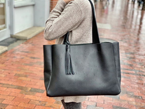 Large black leather tote bag with tassel, Oversized work and travel computer bag