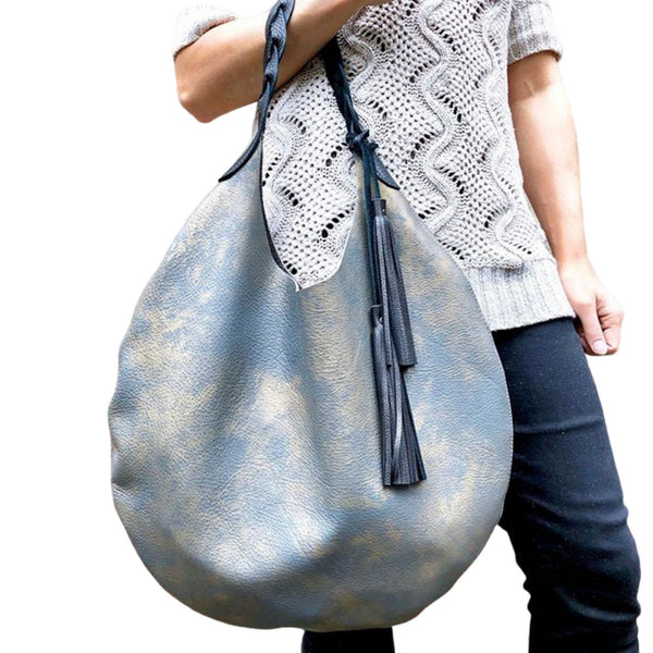 Silver metallic leather round hobo bag, Unique boho bag
