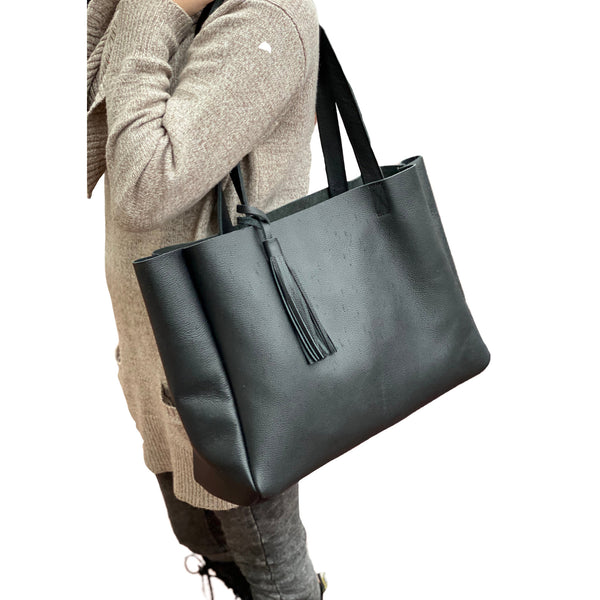 Large black leather tote bag with tassel, Oversized work and travel computer bag
