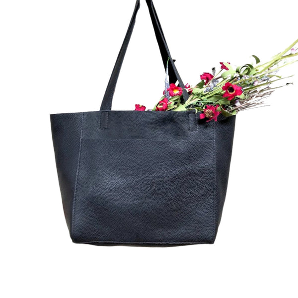 Large black leather tote bag, Front pocket work and travel computer bag