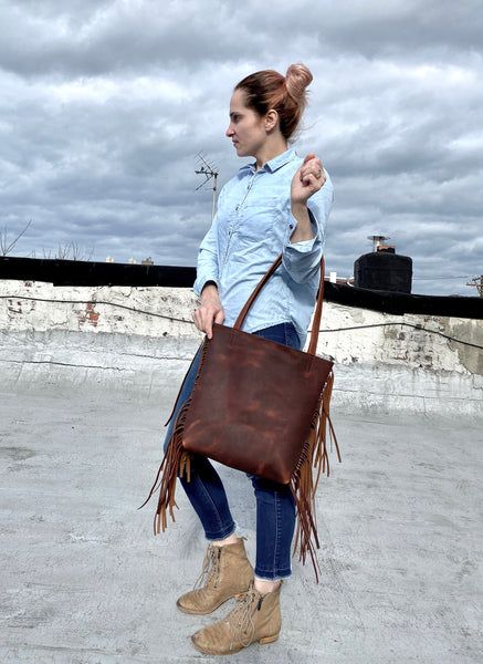 Small Brown Leather Tote with fringe , 11”W x 12” H Work and travel leather bag