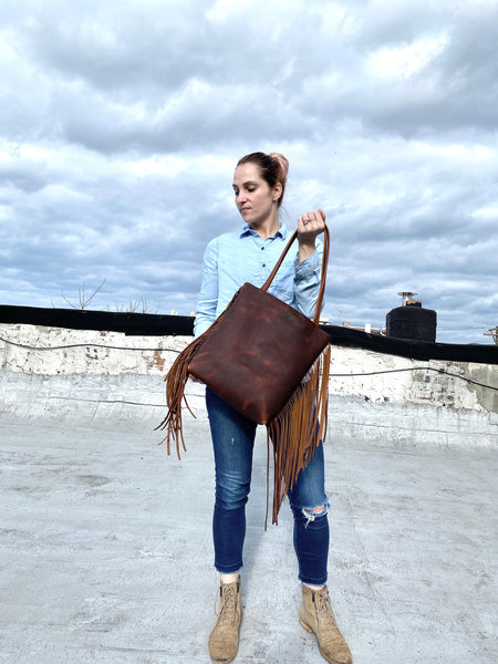 Small Brown Leather Tote with fringe , 11”W x 12” H Work and travel leather bag