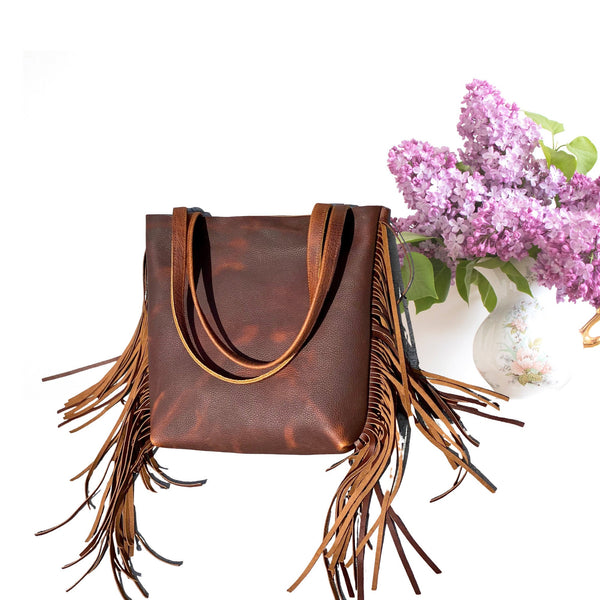 Small Brown Leather Tote with fringe , 11”W x 12” H Work and travel leather bag