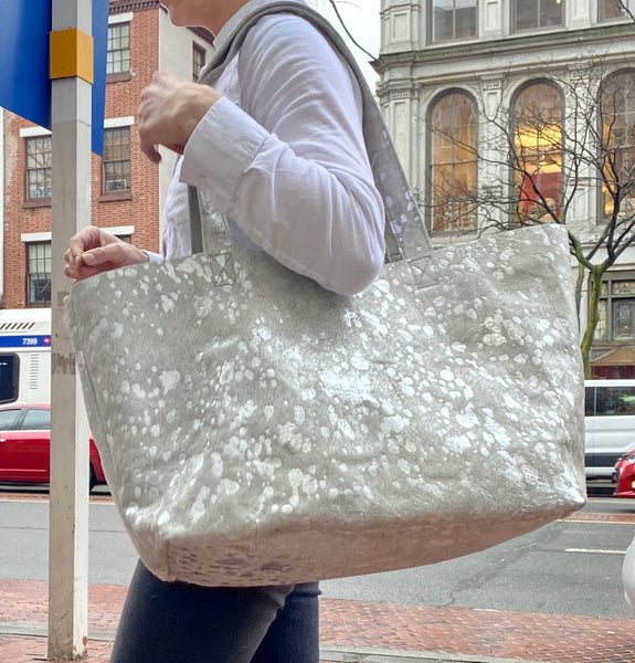 Extra large silver metallic cowhide leather bag 23”x 13”, Oversized work and travel computer bag