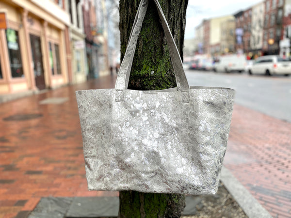 Extra large silver metallic cowhide leather bag 23”x 13”, Oversized work and travel computer bag