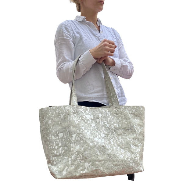 Extra large silver metallic cowhide leather bag 23”x 13”, Oversized work and travel computer bag