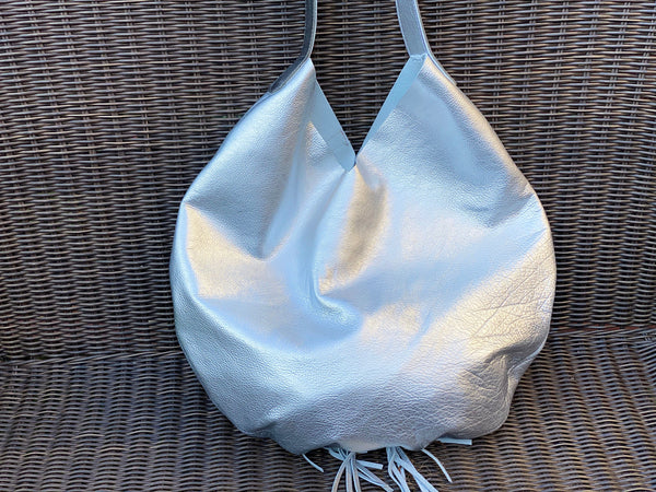 Silver metallic leather round hobo bag, Unique boho bag