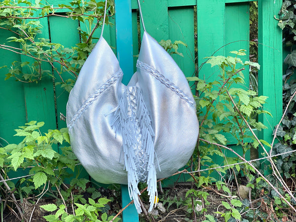 Silver metallic leather round hobo bag, Unique boho bag