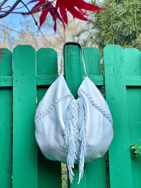 Silver metallic leather round hobo bag, Unique boho bag