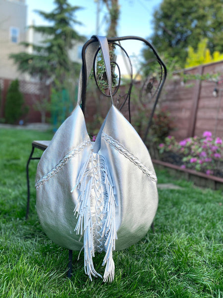 Silver metallic leather round hobo bag, Unique boho bag
